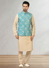 Blue Colour Latest Party Wear Jacquard Banarasi Silk Digital Print Kurta Pajama With Jacket Mens Collection 1053